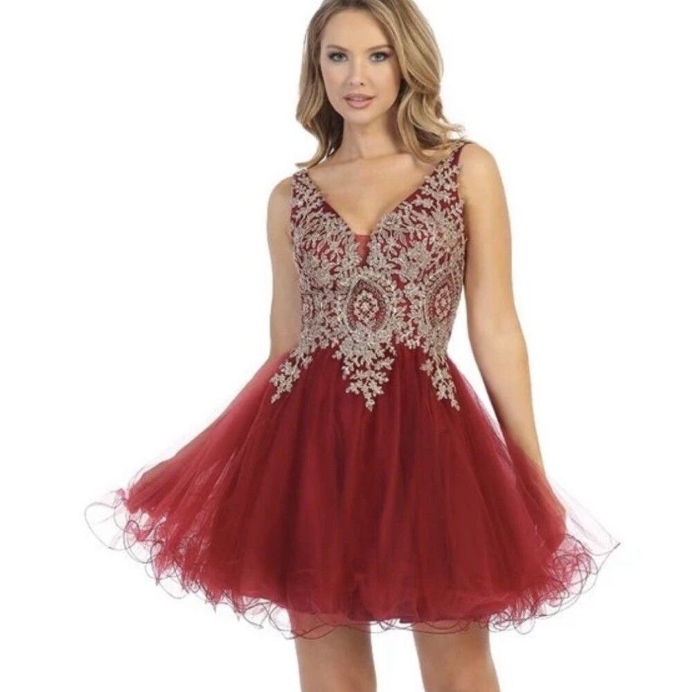 Let’s Burgundy Gold Beaded Sequin Tulle Party Cocktail Dress Size XS 6114
